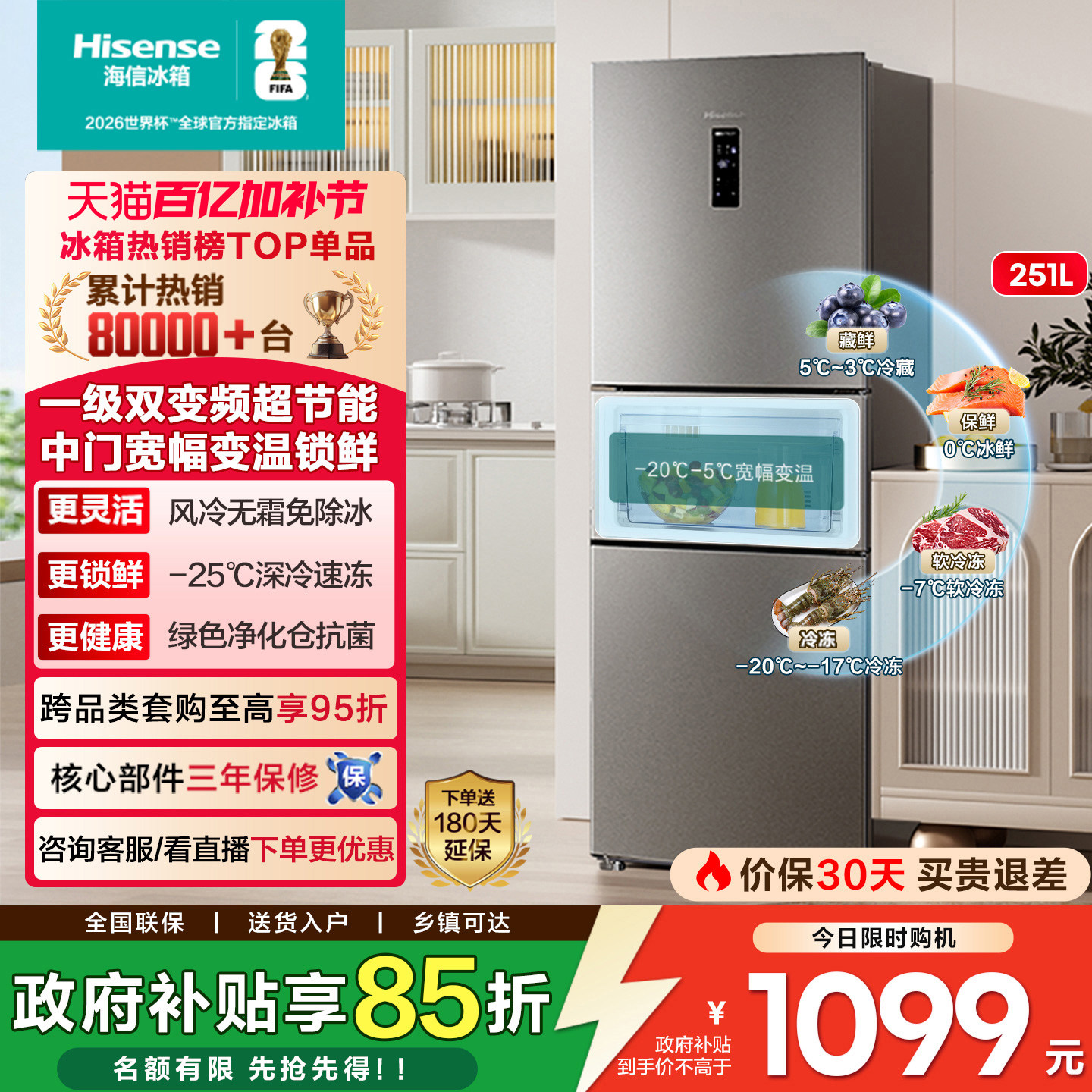 海信251/256L三开门电冰箱家用小户型一级能效无霜出租房以旧换新