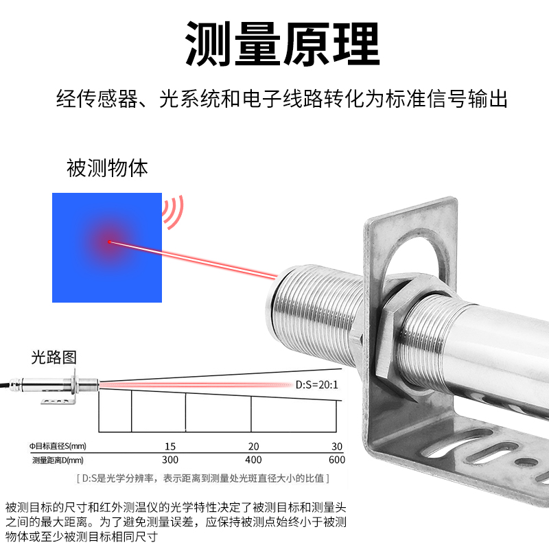 在线式红外测温仪工业非接触探头4-20mA输出高精度温度传感变送器