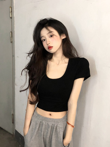 方领夏季纯欲风大U领150小个子白色短袖T恤女短款正肩辣妹上衣XS - 图3
