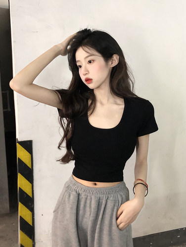 方领夏季纯欲风大U领150小个子白色短袖T恤女短款正肩辣妹上衣XS - 图2