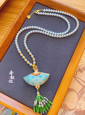 原创新中式非遗宋锦葫芦项链女国风珍珠毛衣链气质吊坠挂件配饰