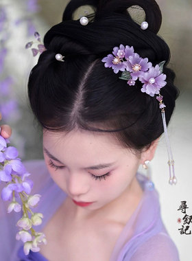 古风发夹仙气流苏边夹紫色花朵