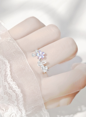 落樱之舞樱花蝴蝶纯银戒指可调节