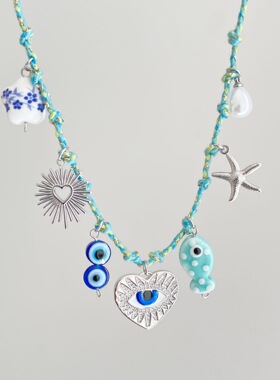 复古彩色编绳多元素吊坠精致手工项链少女风重工可调节项链