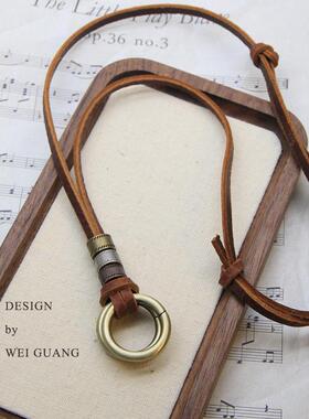 复古文艺双圈牛皮绳可调毛衣链休闲项链个性简约设计真皮饰品男女