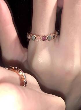 碧玺彩虹戒指女小众设计开口可调节指圈甜酷辣妹风饰品高级感指环