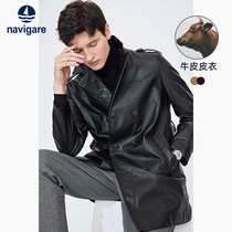 Navigmare Italia Small Sailing Autumn Black Bull Leather Leather Clothing Mens Leisure Medium Long Windsuit Jacket
