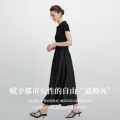 Navigare小帆船黑色假两件通勤连衣裙女短袖2026夏季翻领收腰长裙 图片 4