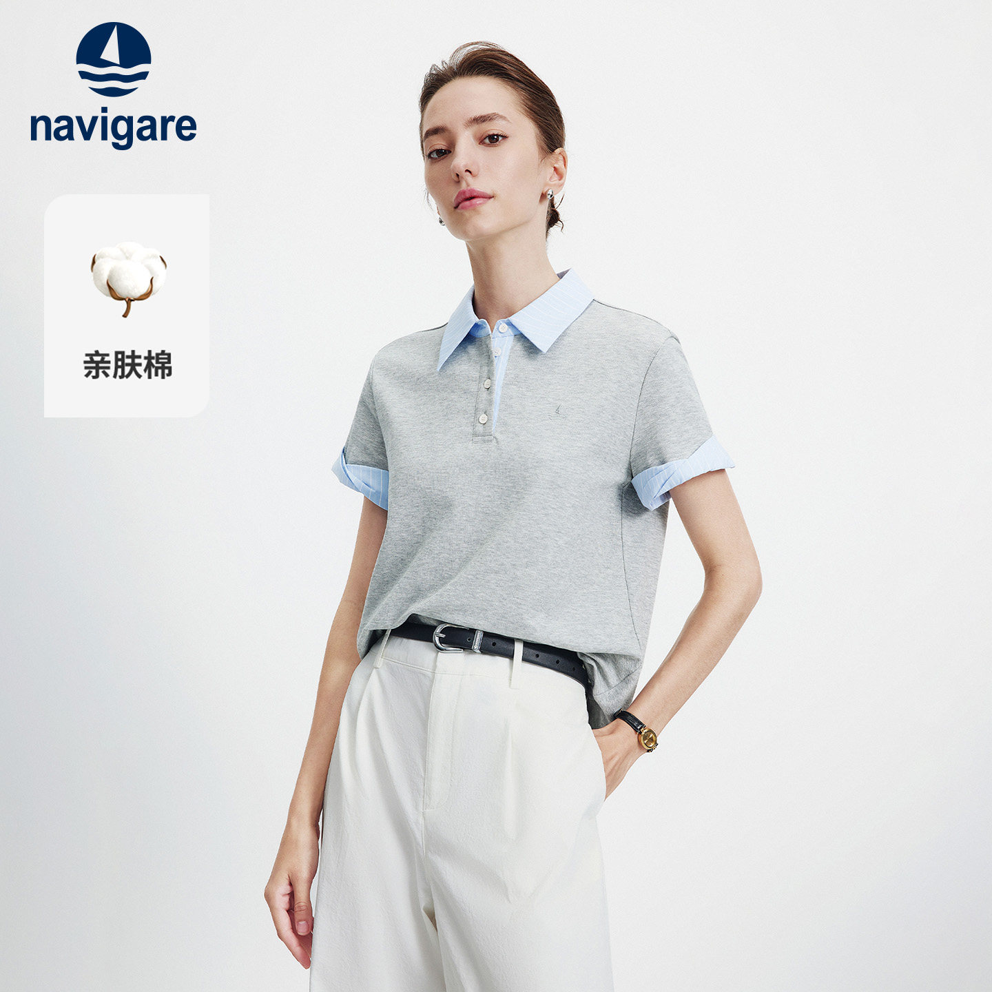 Navigare小帆船灰色休闲短袖POLO衫t恤女夏季新款百搭翻领体恤衫