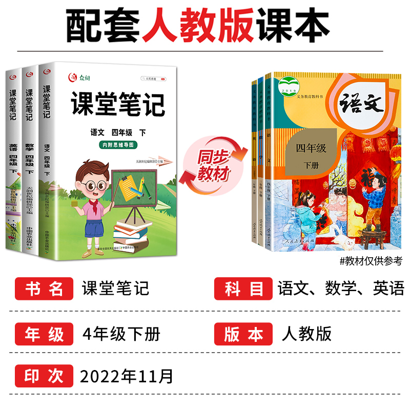 课堂笔记四年级下册语文数学英语全套人教部编版小学四下课本教材同步练习册专项训练预习复习学霸黄冈随堂笔记上册上-图0