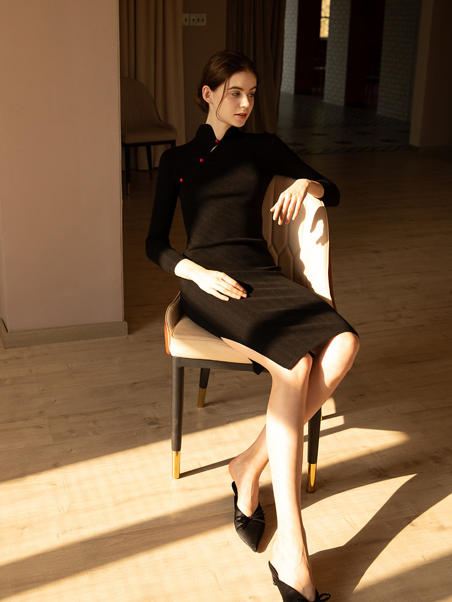 旗袍改良版中国风复古羊毛连衣裙 mixselection连衣裙