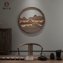 New Chinese Solid Wood Round Luminous with lamp Screen Decorative Living Room Hotel Tea Room Genguan Background Wall Hanging Screen Partition