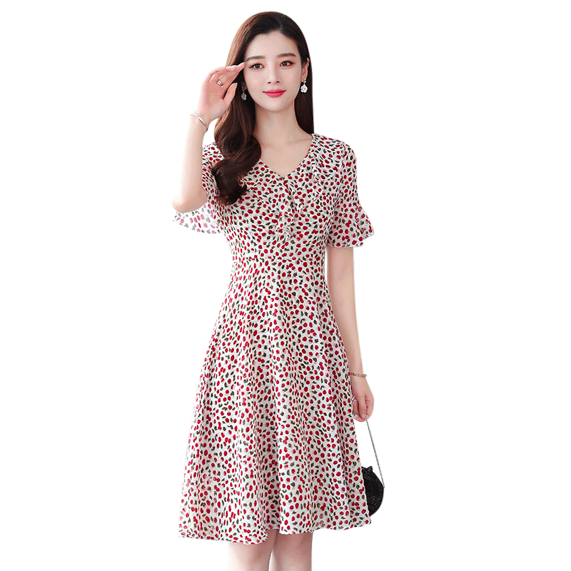 女夏2020新款荷叶领樱桃印花雪纺 柔情恋连衣裙