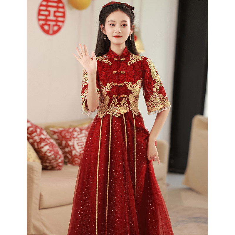 中式复古新娘2022新款酒红色敬酒服 圆裳礼服/晚装