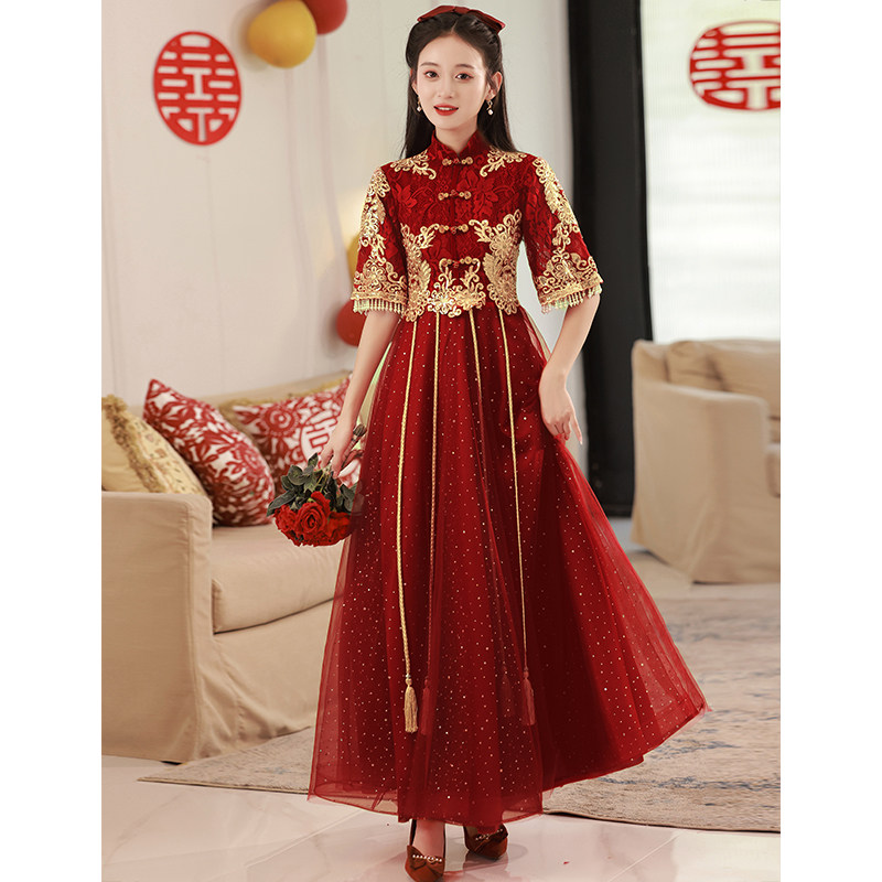 中式复古新娘2022新款酒红色敬酒服 圆裳礼服/晚装