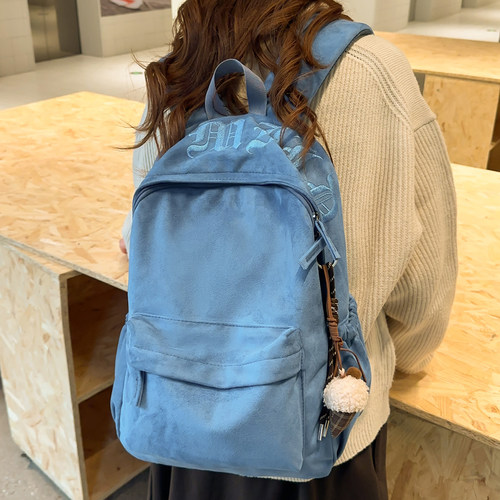 高级感麂皮绒双肩包男初中生书包女大学生简约风通勤旅行电脑背包 - 图1