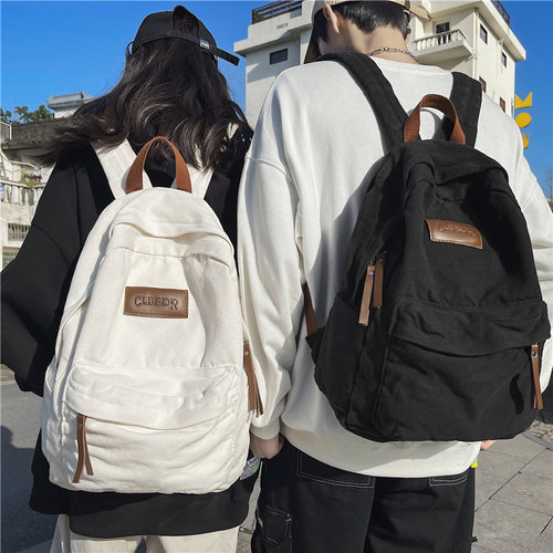 港风水洗帆布书包男大学生韩版高中学生简约复古背包女双肩旅行包 - 图0