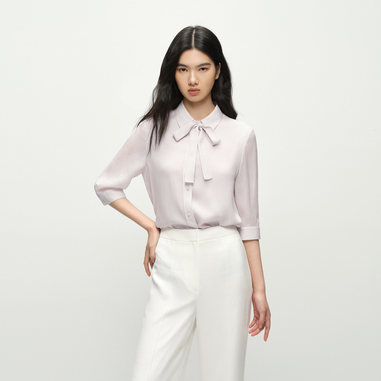 OVV春夏新款女装淡人10.5MM泡泡绉肌理真丝短袖休闲衬衫