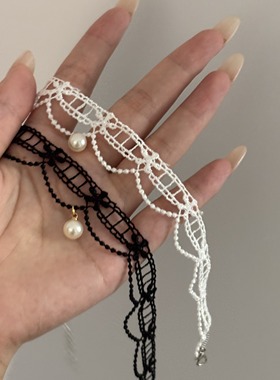 [楼哈哈]白色镂空蕾丝花边珍珠choker项圈少女lolita锁骨链颈带