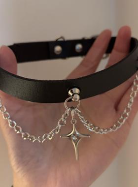 [楼哈哈]朋克四芒星吊坠颈环暗黑pu皮choker项圈锁骨链A系颈链