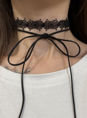 [楼哈哈]黑色镂空蕾丝长款choker双层蝴蝶结系带锁骨链飘带颈饰新