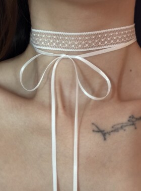 [楼哈哈]法式少女白色波点choker蕾丝颈带项链锁骨链细款脖子饰品