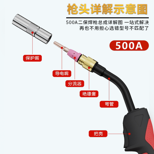 500A二保焊枪配件大全气保焊枪保护嘴绝缘套连接杆弯管把壳导电嘴 - 图0