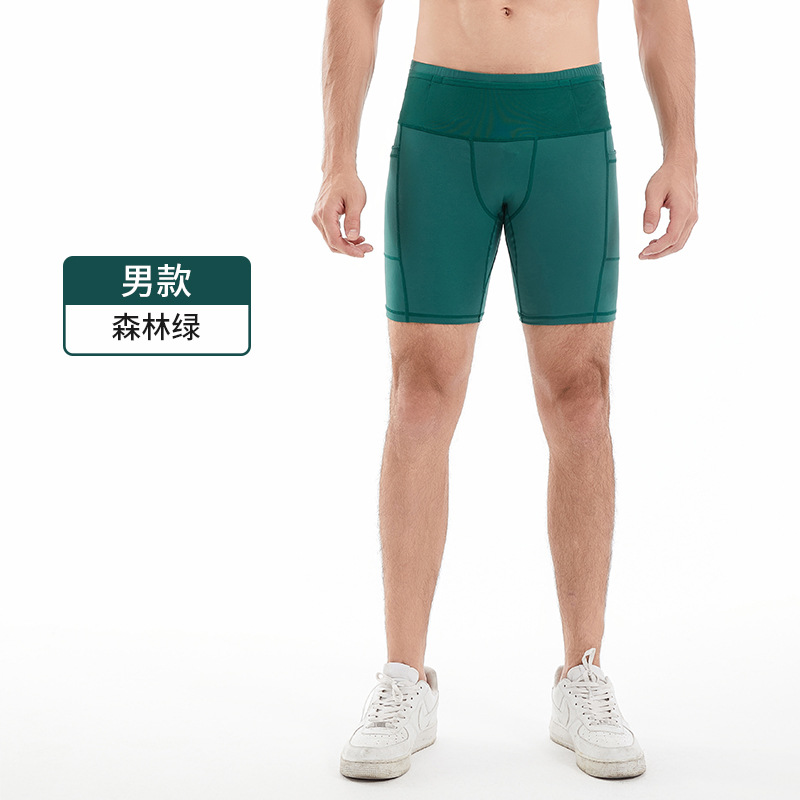 男款速干跑步运动健身短裤紧身马拉松慢跑训练四分裤腰部带多口袋 - 图1