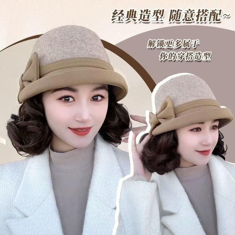 秋冬新款帽子假发一体加厚羊毛呢渔夫帽慵懒卷洋气减龄短卷发头套