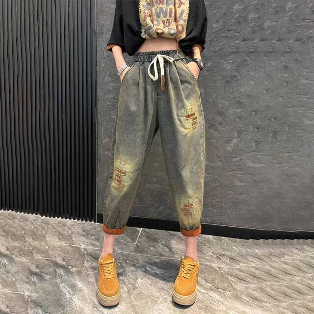 Fat mm plus size casual suits new personalized fashion hooded loose printed short-sleeved jeans nine-point two-piece set