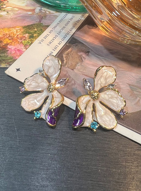 中古风vintage珐琅釉蝴蝶兰紫色花朵耳环925银针仿真花瓣滴油白色