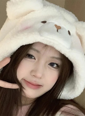 秋冬可爱腮红小熊女毛绒护耳帽子
