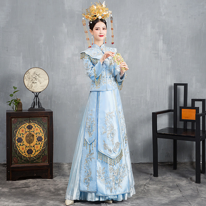 蓝色秀禾服2020新款显瘦中式婚纱 衣至人归旗袍