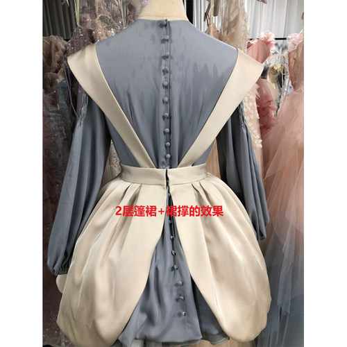 连衣裙  春夏圆领打揽灯笼袖拉链包扣少女心收腰显瘦气质俏皮仙女 - 图2