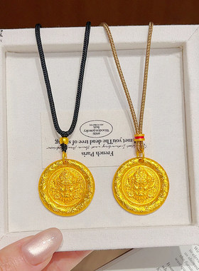 古法沙金麒麟黄财神吊坠项链