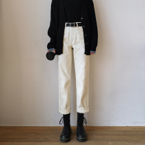 White Jeans Woman Straight Barrel Loose 2023 Autumn Winter New Plus Suede Little Submi White Broadleg Old Daddy Pants