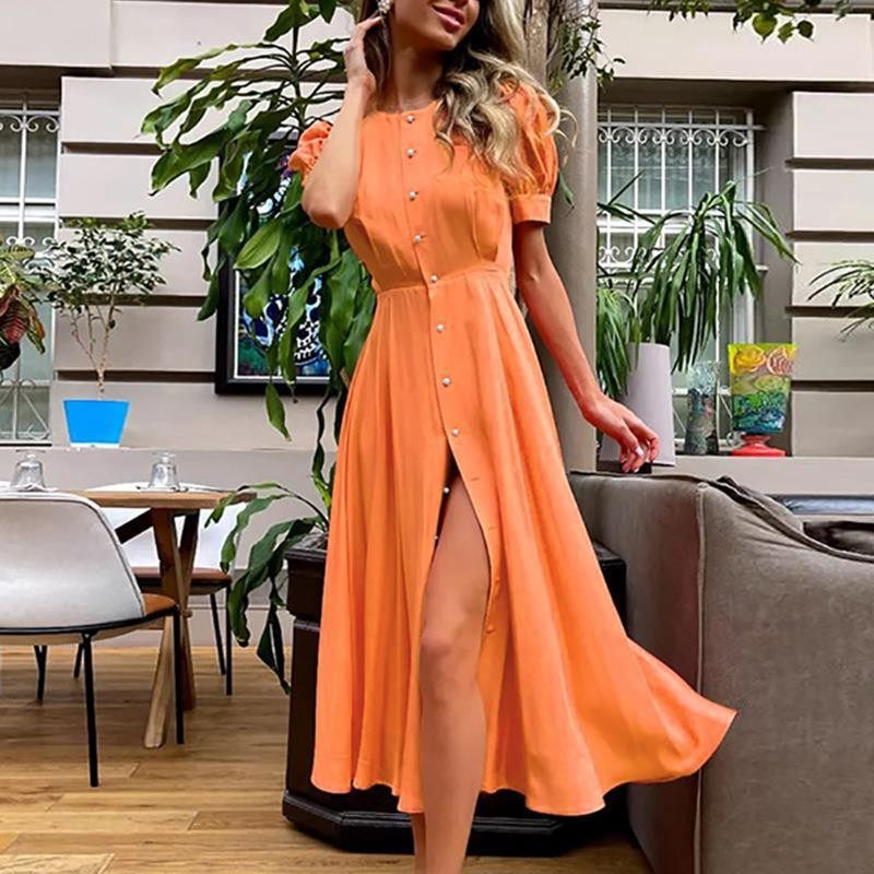 跨境亚马逊新款欧美女装气质通勤高腰纯色时尚开叉欧美连衣裙,淘宝优惠券,粉丝福利购,淘宝优惠卷