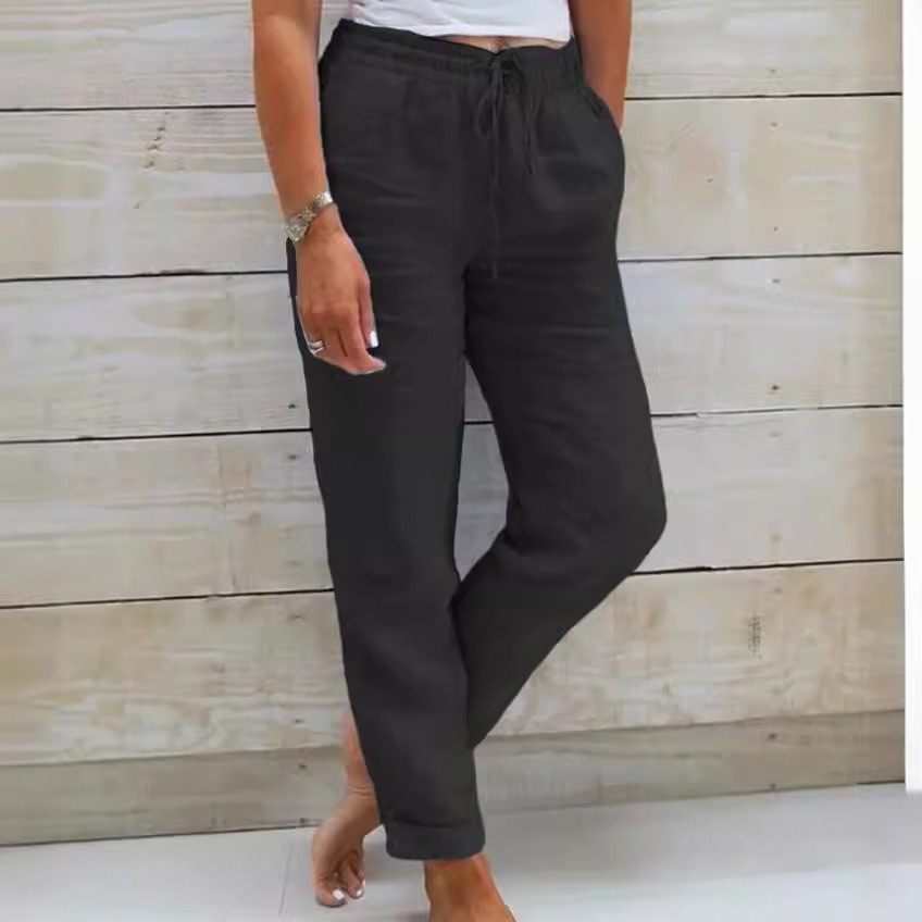 年欧美跨境新款外贸亚马逊女士高腰松紧腰纯色棉麻休闲裤,淘宝优惠券,粉丝福利购,淘宝优惠卷