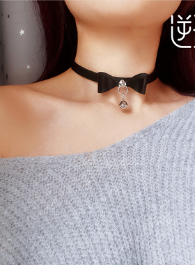 纯银铃铛真皮蝴蝶结项圈刻字定制