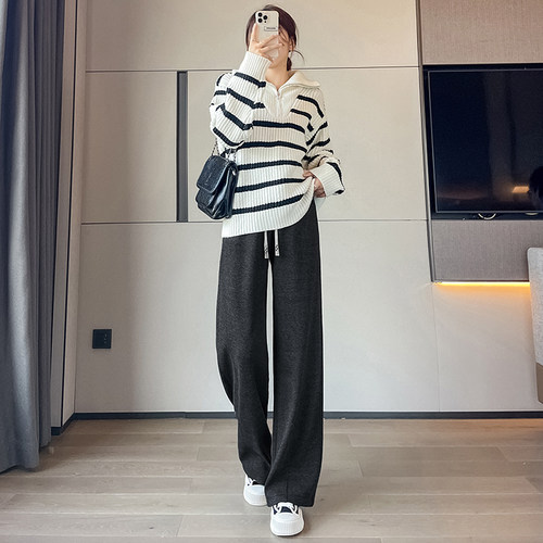 人字纹加绒阔腿裤女秋冬高个子加长毛呢裤窄版直筒休闲羊毛香蕉裤 - 图0