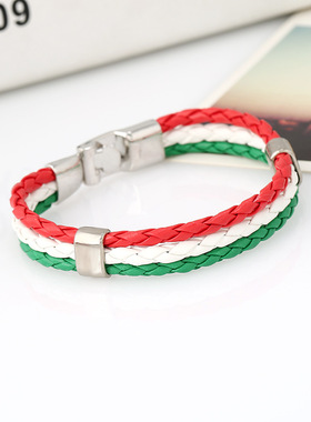 跨境饰品编织世界各国国旗旗帜颜色皮革手链PU仿牛皮手环国家手镯