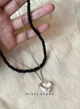 KISOL百搭红色串珠透明爱心项链~