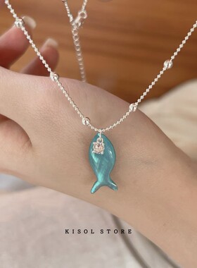 KISOL海边度假蓝色小鱼项链耳环~