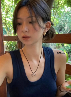 KISOL蝴蝶结抽拉可调节黑绳颈链~