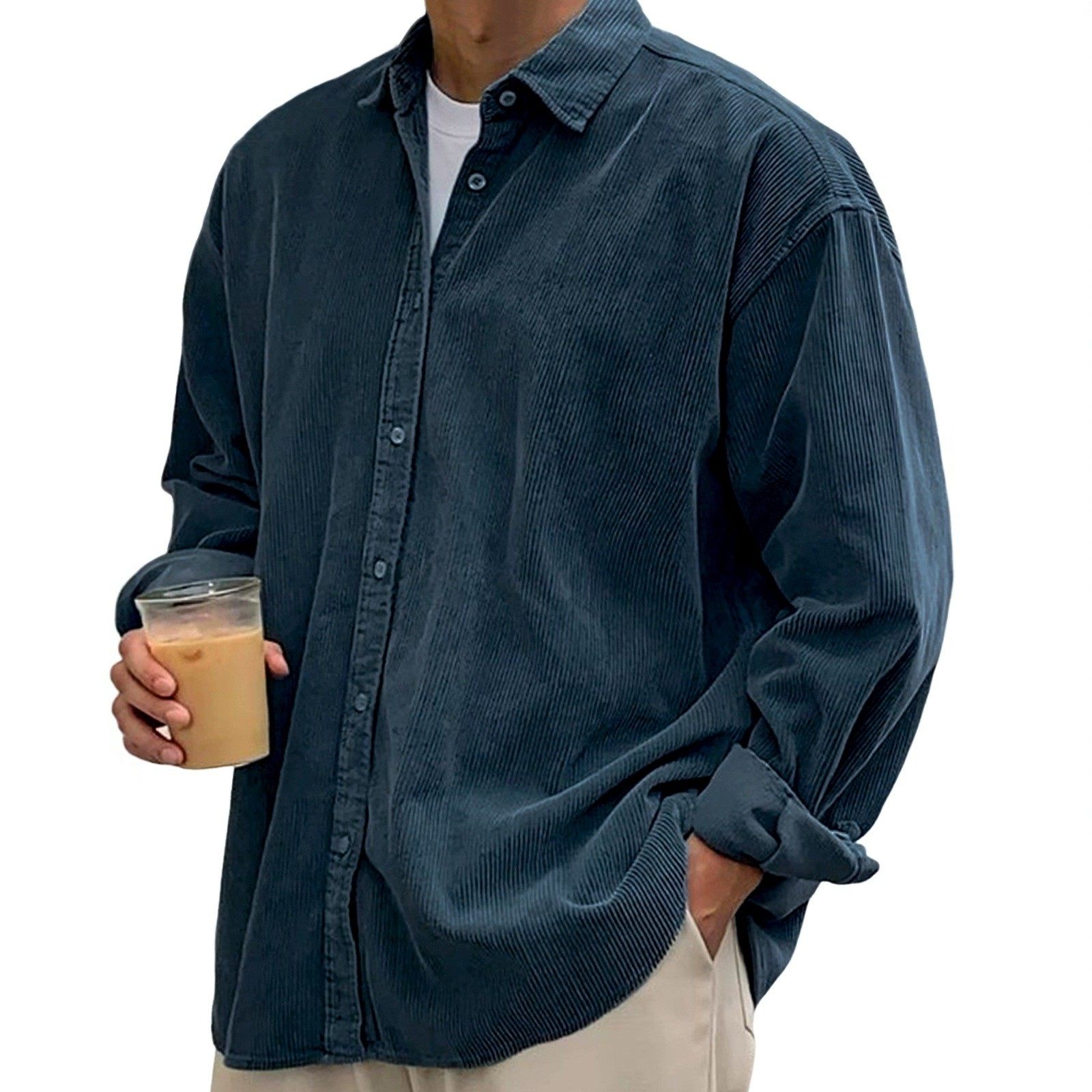 跨境外贸亚马逊新款男士灯芯绒衬衫秋季宽松休闲长袖衬衣纯色外套,淘宝优惠券,粉丝福利购,淘宝优惠卷