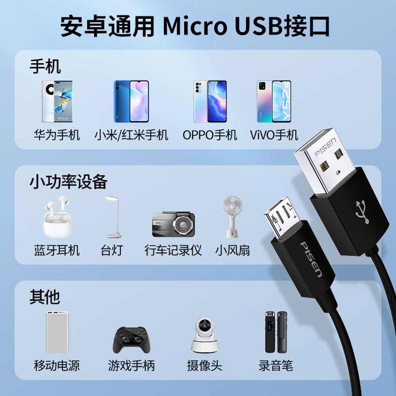 品胜安卓数据线黑色microusb梯形接口通用5v1a套装5v2a快充适用安卓老年手机台灯充电宝耳机移动电源充电线器-图3