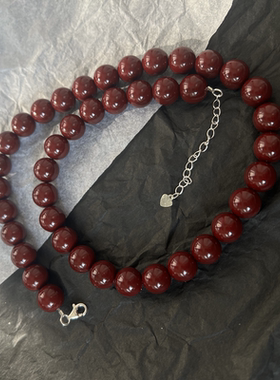串珠复古红色手作项链s925纯银