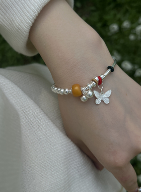 女925纯银中式蝴蝶蜜蜡银珠手链