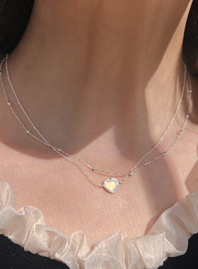 纯银女双层爱心黑玛瑙精致锁骨链