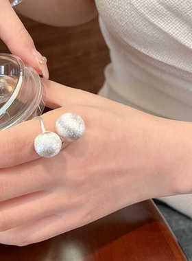 双球拉丝球戒指纯银轻奢女